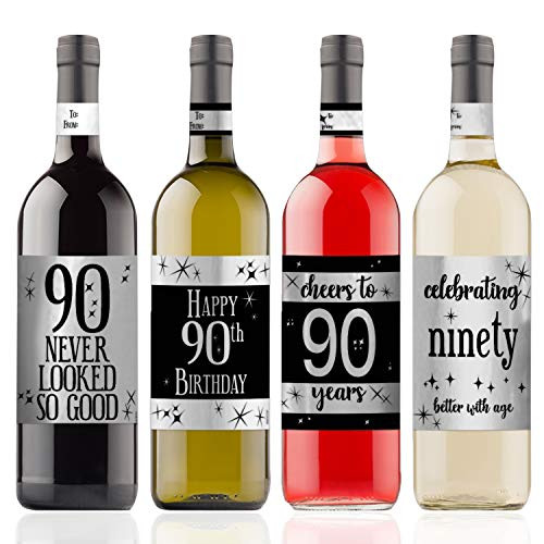 Black and Silver 90th Birthday Wine Bottle Sticker Labels | Shiny Foil | 4 Count