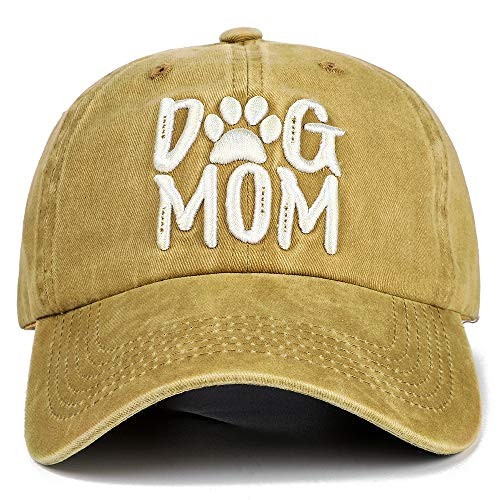 Womens Dog Mom Embroidered Baseball Cap Distressed Cotton Vintage Dad Hat Unconstructed and Low ProfileYellow