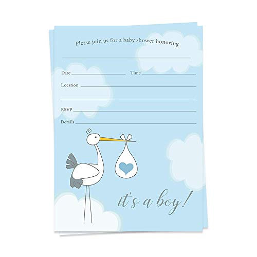 Baby Shower Invitations Its a Boy Fill in The Blank Invitations Special Delivery Invites Stork Crane Bird Blue Boys Printed Cards 15 Count