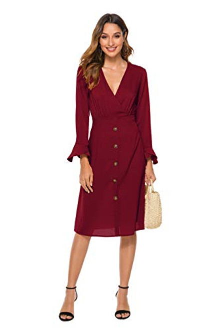 FUHUANDA Womens Long Sleeves Midi Dresses V Neck Casual Swing Pencil Dress L WineRed