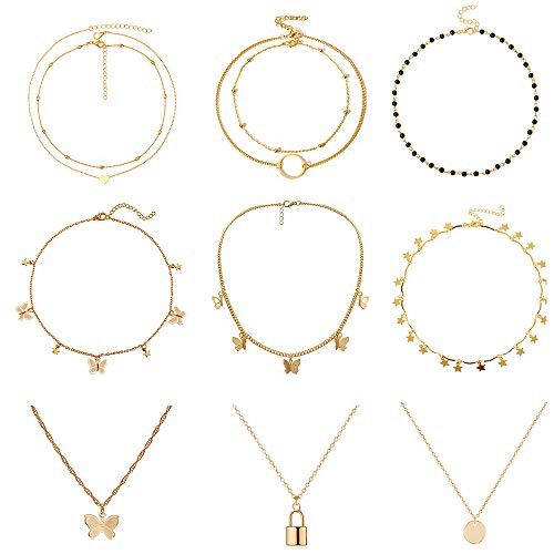 MELLIFO 9PCS Butterfly Choker Necklace Gold Silver Layered Chain Dainty Choker Pendant Necklaces for Women Girls Gold MELLIFO 9PCS Butterfly Choker Necklace Gold Silver Layered Chain Dainty Choker Pendant Necklaces for Women Girls Gold