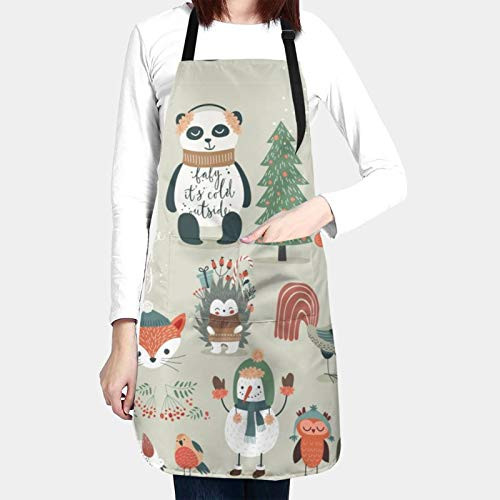 NW Christmas Hand Drawn Aprons for Women Cooking Baking Waterproof Kitchen Apron with 2 Pockets and Adjustable Neck   Long Ties