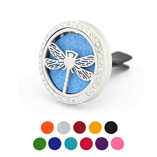 Car Aromatherapy Essential Oil Diffuser Air Freshener Vent Clip Dragonfly Stainless Steel 30mm Rhinestones Locket 11 Refill Pads