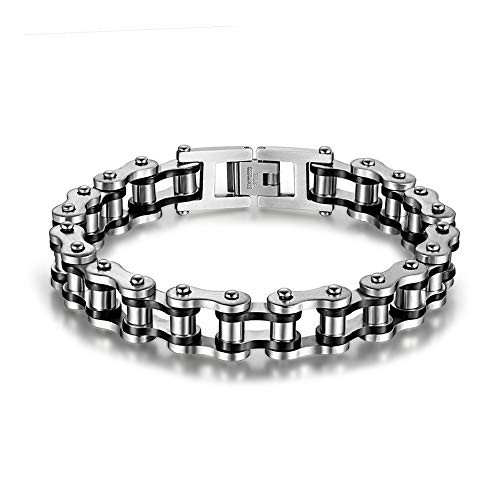 León Jewelry Cool Heavy Duty Bike Chain Motorcycle Link Biker Bracelet Link Stainless Steel Black Silver Two Tone Fashion Cuff Bangle Wristband