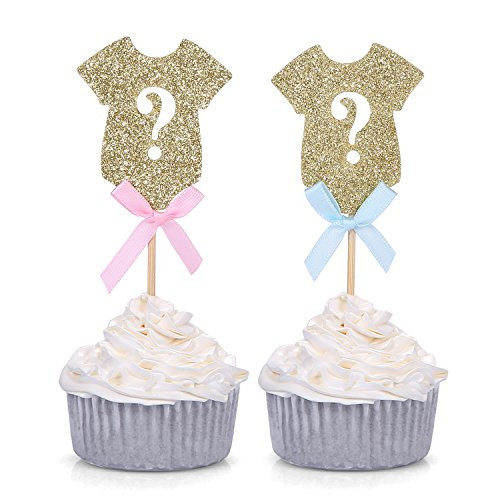 Set of 24 Gender Reveal Party Decors Gold Onesie Question Mark Cupcake Toppers - by Giuffi