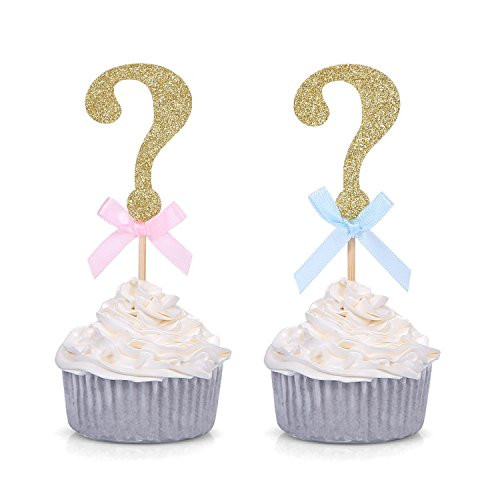 24 PCS Gold Glitter Question Mark Cupcake Toppers Gender Reveal Party Decors (with Pink and Blue Bows)