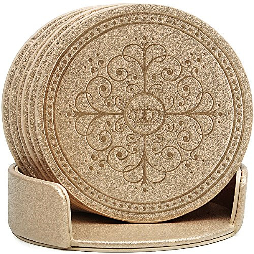 Drinks Coasters,Classic Pattern Faux Leather Coaster Set of 6 with Holder Absorbent Coasters by Happydavid (gold round)