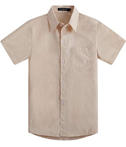 Spring Gege Boys Short Sleeve Dress Shirts Formal Uniform Cotton Solid Beige 13-14 Years
