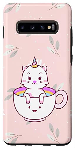 Galaxy S10 Pink Daisies Cute Kawaii Unicorn Kitty Happy Tea Cup Gift Case