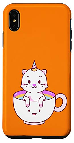 iPhone XS Max Orange Cute Kawaii Unicorn Kitty Cat Happy Tea Cup Gift Case