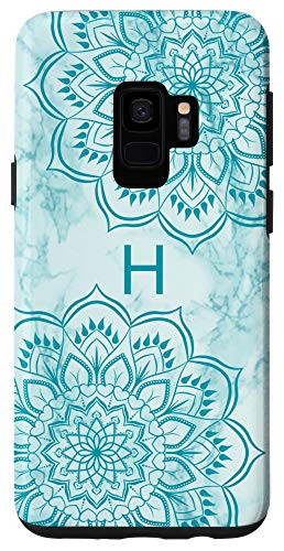 Galaxy S9 Letter H Initial Monogram Mandala-Marble Print Teal Blue Case