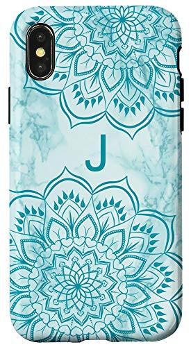 iPhone XXS Letter J Initial Monogram Mandala-Marble Print Teal Blue Case