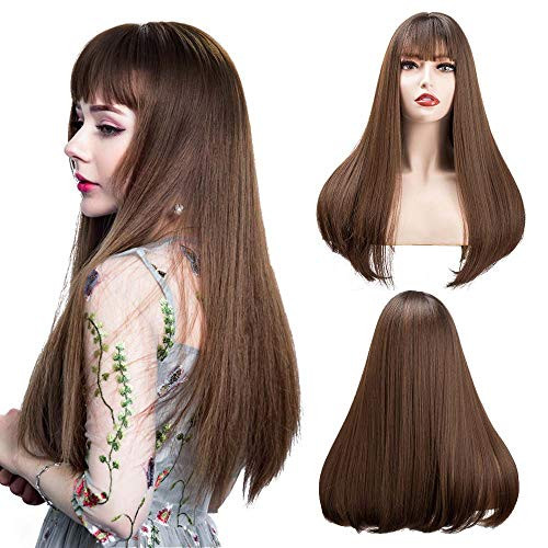 fani Long Straight Brown Wig with Bangs Synthetic Ombre Brown Wigs for Women Natural Looking Wigs Cosplay Party Costume Use Heat Resistant Synthetic Hair Wigs 20 Inch