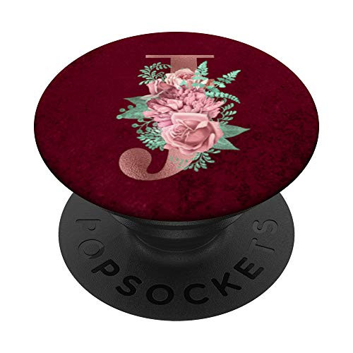 Maroon floral Initial Letter J monogram pink flowers PopSockets Grip and Stand for Phones and Tablets