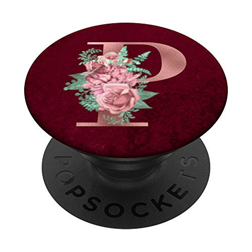 Maroon floral Initial Letter P monogram pink flowers PopSockets Grip and Stand for Phones and Tablets