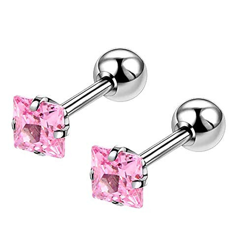 4mm Tiny Pink Tourmaline Gemstone Stud Earrings in Stainless Steel - October Birthstone Screw Back Princess Cut Square 4mm Tiny Pink Tourmaline Gemstone Stud Earrings in Stainless Steel - October Birthstone Screw Back Princess Cut Square