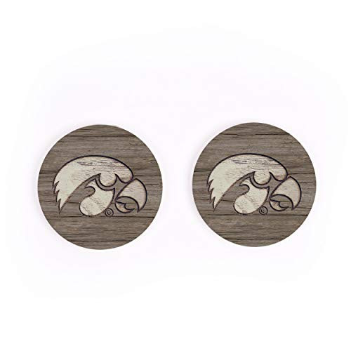 Iowa University Hawkeyes NCAA Team Logo on Woodgrain 4 x 4 Absorbent Ceramic Car Coasters Pack of 2