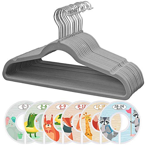 ManGotree Baby Velvet Coat Hangers Childrens Toddlers Kids Clothes Hangers with 6 Pcs Baby Wardrobe Dividers for Clothes Non-Slip Space Saving 20 Pack Gray