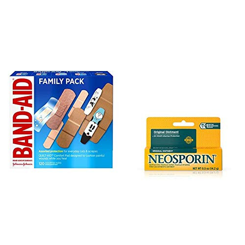 Band-Aid Brand Adhesive Bandage Family Variety Pack in Assorted Sizes 120 ct with Neosporin Original First Aid Antibiotic Ointment_5 oz Band-Aid Brand Adhesive Bandage Family Variety Pack in Assorted Sizes 120 ct with Neosporin Original First Aid Antibiotic Ointment_5 oz