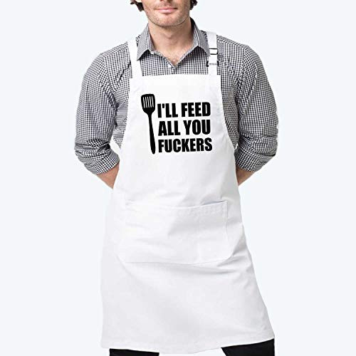 Dadidyc Ill Feed All You F-KERS Apron for Men Women Funny Aprons with PocketsAdjustable Chef Apron with Pockets Cooking Kitchen Aprons White