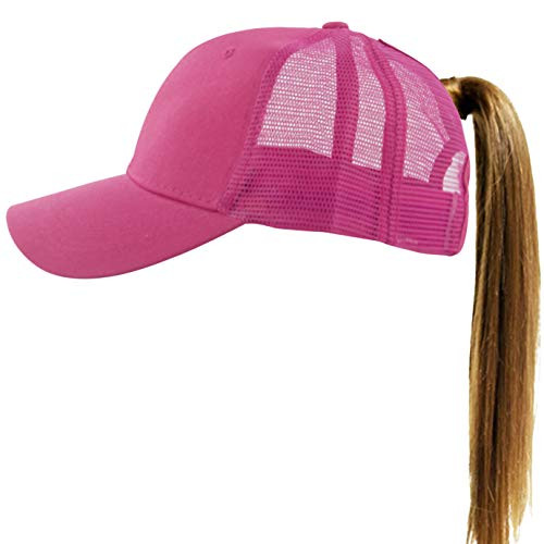 Muryobao Womens Ponytail Baseball Cap Messy High Bun Ponycap Adjustable Snapback Summer Sun Hat Plain Trucker Dad Hat Mesh Rose Red