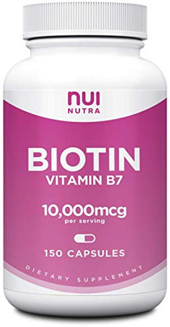 Biotin 10000mcg  150 Capsules - Nui Nutra Pure Biotin Supplement with Organic Coconut Oil Extra Strength Vegan Gluten Free Non-GMO Lab Tested - Biotin for Hair Growth Skin and Nails