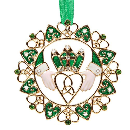 Irish Christmas Ornament - Gold Claddagh Designs with Jewels and Enamel - Gift Boxed with Irish Saying Poem