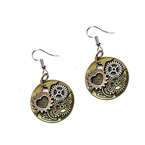 Joji Boutique Steampunk Collection Antiqued Mix-Tone Gear   Cog Circle Drop Earrings