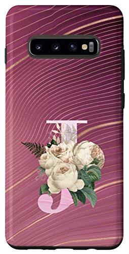 Galaxy S10 Maroon floral Initial Letter J monogram beige roses Case