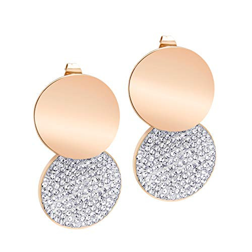 555Jewelry Stainless Steel Round Curved Disc Dangle Earrings Drop CZ Rhinestones Crystal Earrings for Women Round Statement Earrings for Women Rose Gold
