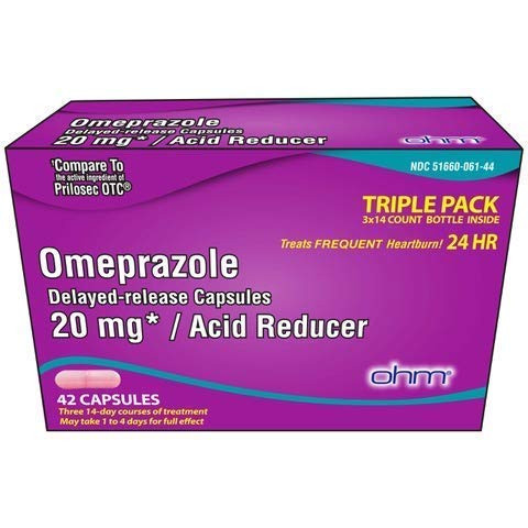OHM Omeprazole Delayed-Release Capsules Treats Frequent Heartburn 24hrs 20mg Acid Reducer 42 Capsules