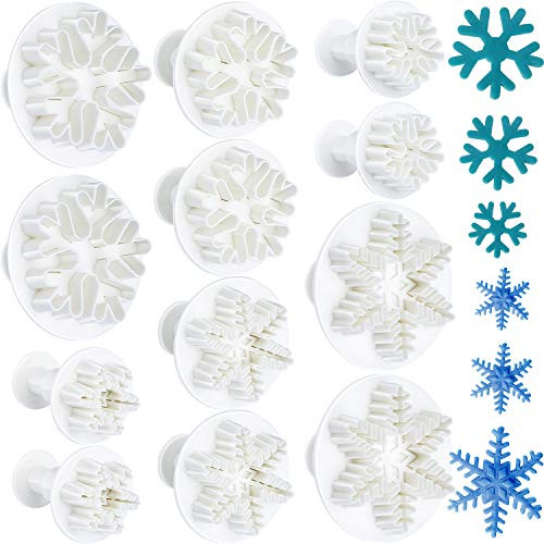 12 Pieces Snowflake Plunger Cutters Snowflake Cookie Fondant Mold Christmas Snowflake Frozen Plunger Cutter Cake Decoration Embossing Tool