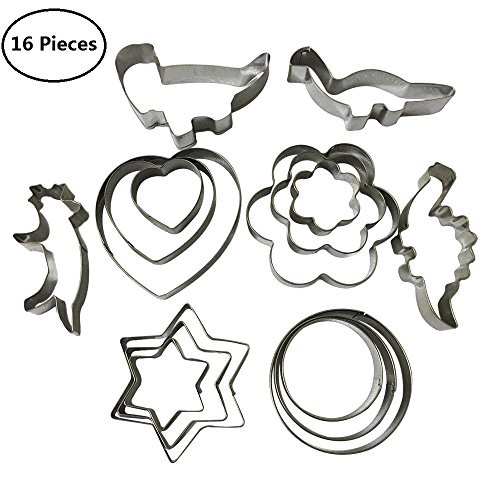 Tsuen 16 Pieces Stainless Steel Cookie Cutter Set, Star Heart Circle Flower and Dinosaur Shape Cookie Biscuit Cutter Cookie Mold Pastry Cutters Fondant Cutters, Pack of 16