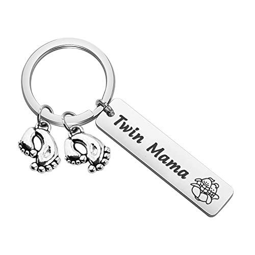 TGBJE Mom Gift Twin Mom Keychain Gift Mommy to Be Gift for Mom of Twins with Baby Feet Charm Twin Mama
