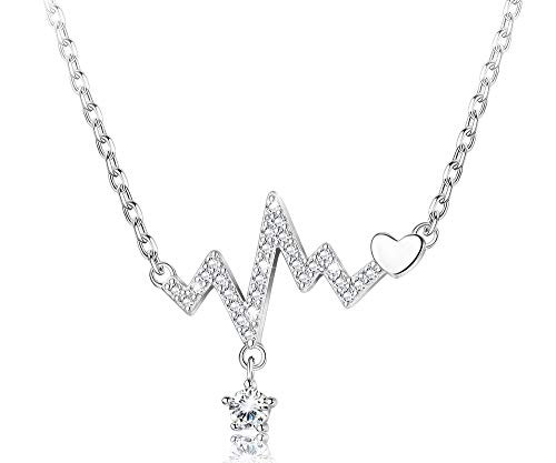 Sllaiss Heart Choker Necklaces for Women Sterling Silver Chain Necklace Pendant Heart Cubic Zirconia Adjustable Pendant Necklace Heartbeat Chain Choker Love EKG Necklace Pulse