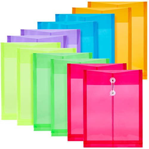 FANWU 12 Pack Assorted Colors Plastic Envelopes Poly Envelope Expandable File Document Folders with Button   String Tie Closure - Letter A4 Size - 1-14 Inch Expansion - for School Office and Home