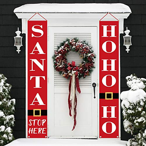 Whaline Christmas Porch Sign Christmas Hanging Banner Red Santa Front Door Sign Merry Christmas Banner Decoration for Home Indoor Outdoor Porch Wall Farmhouse Holiday Party