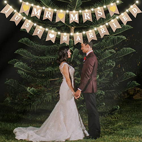 Mudder Burlap Banner Printed with Letters Mr Mrs Just Married Wedding Bunting Banner with LED Fairy String Light Hanging Sign Garland Pennant Photo Booth Props for Bridal Shower Wedding Party