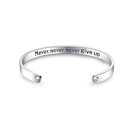 Never Never Never Give Up Inspirational Encouraging Adjustable Cuff Bracelet Engraved Personalized Bangle with Pretty Gift Box for Men Women Girls Daughter Son Niece Friend