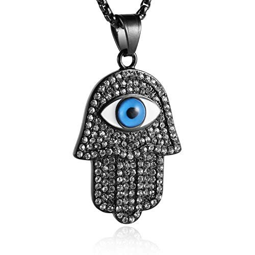 HZMAN 18k Gold Plated Iced Out CZ Stainless Steel Blue Evil Eye Beads Fatima Hamsa Hand Pendant Necklace Black