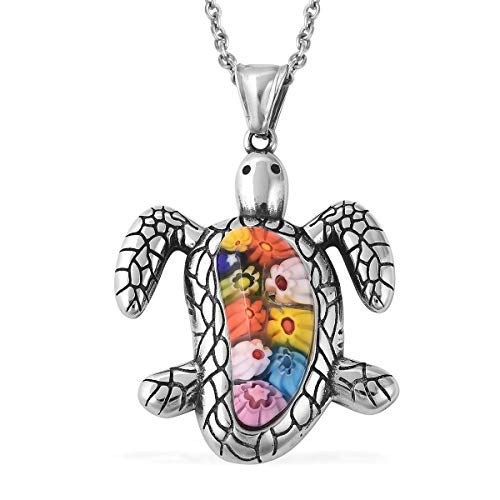 Shop LC Delivering Joy Multi Color Murano Millefiori Glass Turtle Pendant Necklace 20 in Black Oxidized Stainless Steel