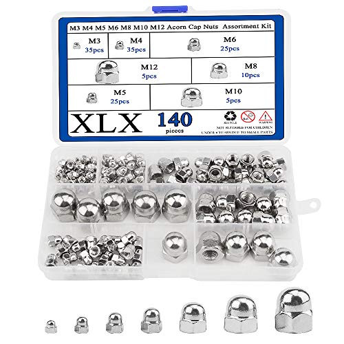 XLX 140Pcs 7Kinds 304 Stainless Steel M3 M4 M5 M6 M8 M10 M12 Acorn Cap Nut Decorative Hex Cap Dome Nuts Assortment Kit