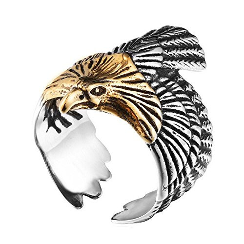SINLEO Mens Stainless Steel Hawk Eagle Ring Skyhawk Sculpture Biker Band Silver Gold Size 13