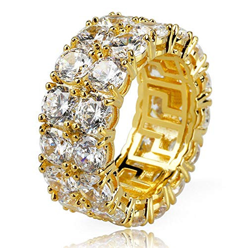 BHTKJ Mens Hip Hop Ring 2 Rows 14K Gold Silver Plated Iced Out CZ Lab Wedding Engagement Bling Ring Gold 11