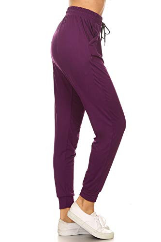 Leggings Depot JGA128-PURPLE-L Solid Jogger Track Pants wPockets Large