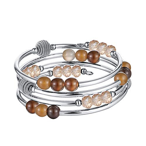 PEARL CLUB Bead Crystal Wrap Bangle Bracelet - Fashion Jewelry Beaded Bracelet with Silver Metal Gifts for Women 05-Brown