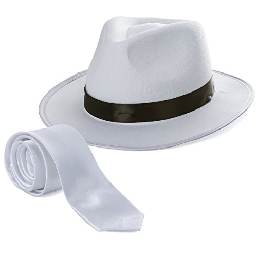 Tigerdoe Fedora Gangster Hat - Mobster Costume - Felt Hat   White Neck Tie - 2 Pc Set White Fedora Hat