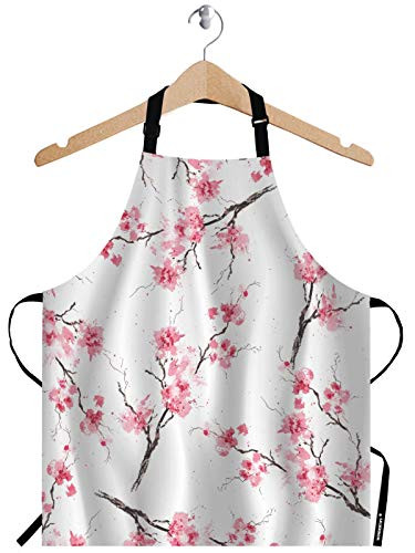 WONDERTIFY Watercolor Cherry Blossom ApronFloral Print Pattern Sakura Branch Pink White Bib Apron with Adjustable Neck for Men WomenSuitable for Home Kitchen Cooking Waitress Chef Grill Bistro Apron