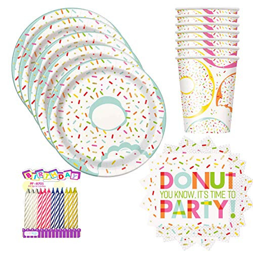 Donut Party Supplies Pack Serves 16 7 Plates Beverage Napkins and Cups with Birthday Candles Bundle for 16