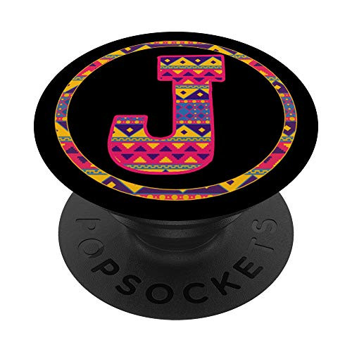 Letter J Monogram Name Initial Mexican Pattern on Black PopSockets Grip and Stand for Phones and Tablets